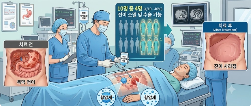 복막 전이 4기 위암, 복강 내 항암제 주입 병행 치료로 수술 전환 가능성 확인