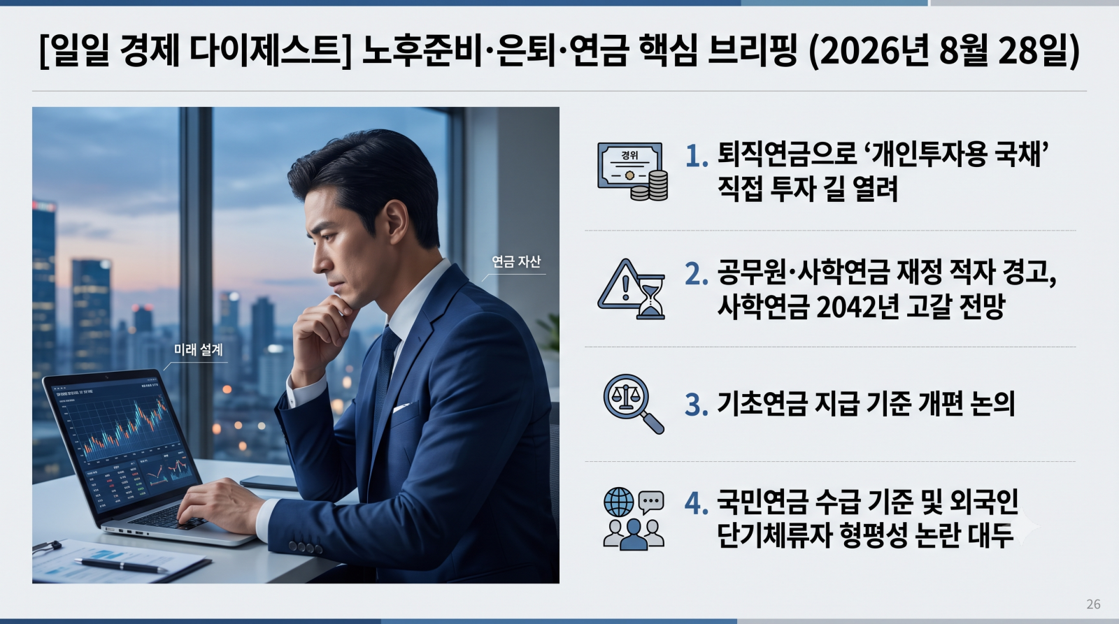2026년 8월 28일 기준 노후준비, 은퇴, 연금 분야 주요 경제 기사 다이제스트입니다.