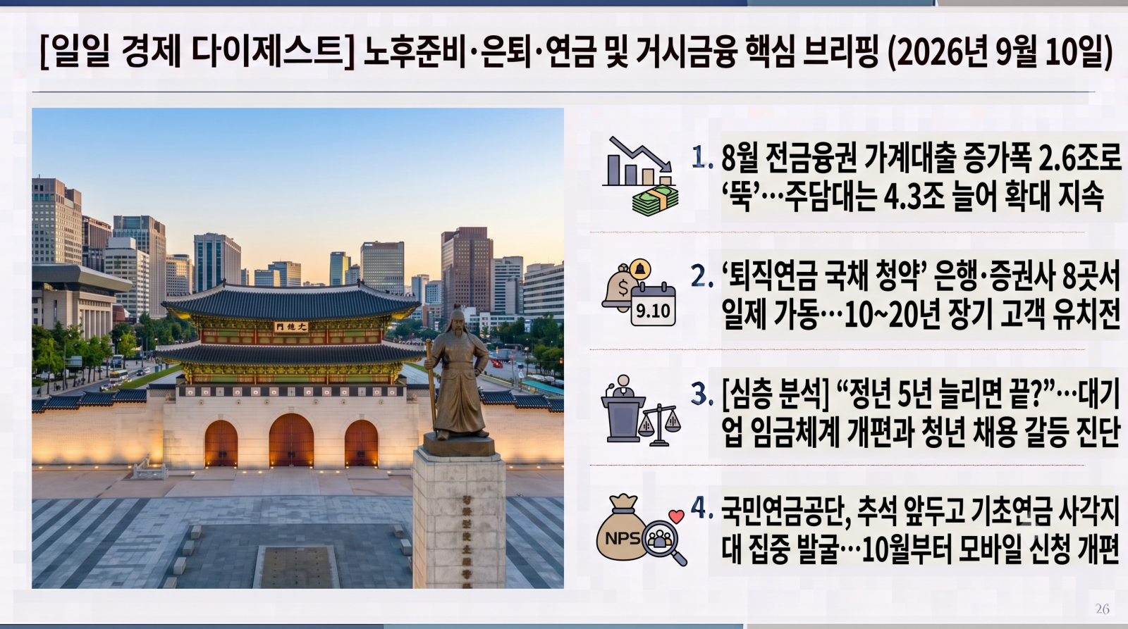 2026년 9월 10일 목요일 자 노후준비, 은퇴, 연금(국민·퇴직·기초연금) 및 거시금융 핵심 다이제스트입니다.