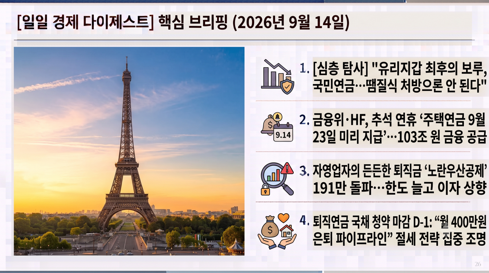 2026년 9월 14일 자 노후준비·은퇴·연금 및 거시금융 분야 일일 다이제스트입니다.