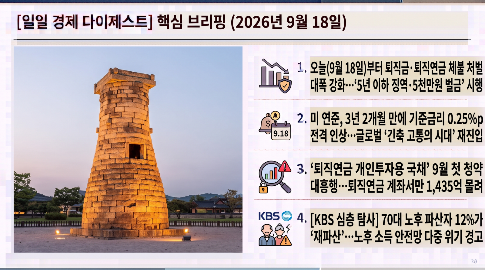 2026년 9월 18일 금요일 자 노후준비, 은퇴, 연금(국민·퇴직·주택연금) 및 거시경제 핵심 다이제스트입니다.